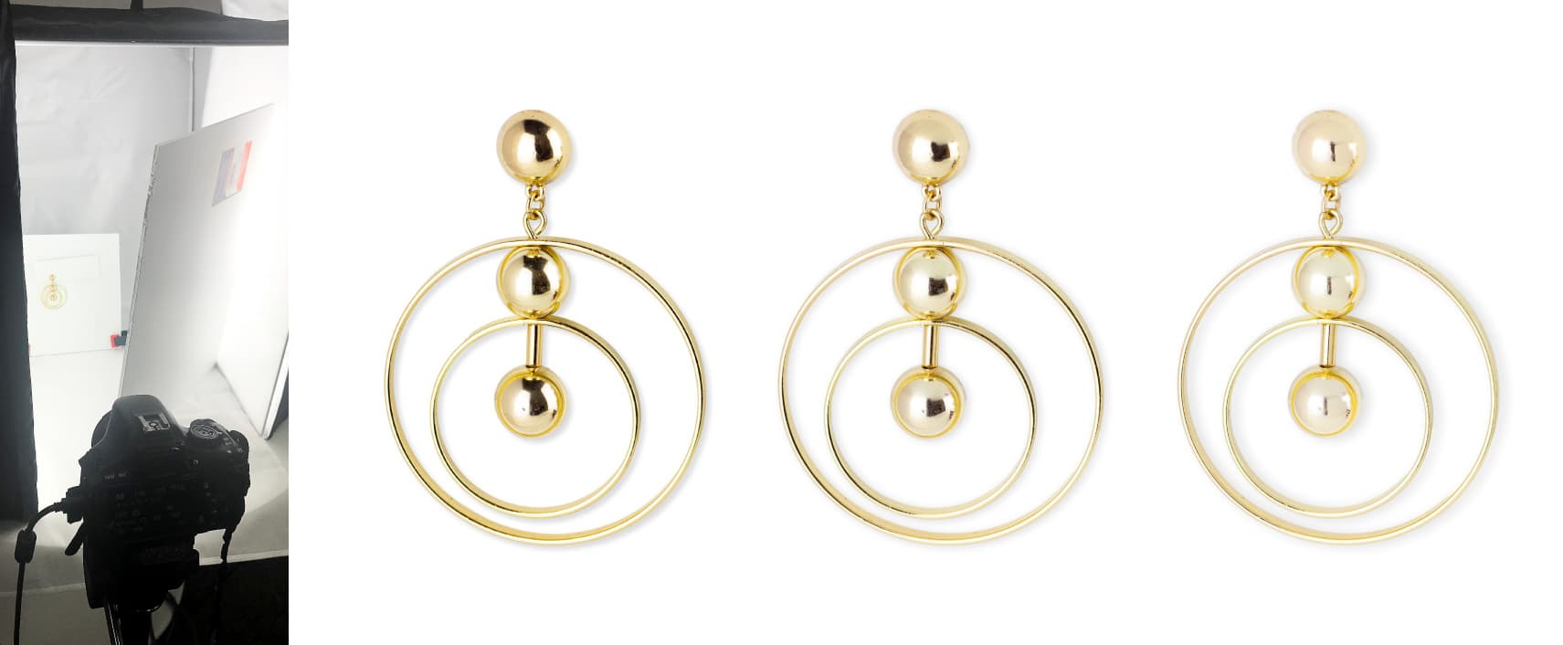 three examples of using foam core to affect reflective earrings reflections