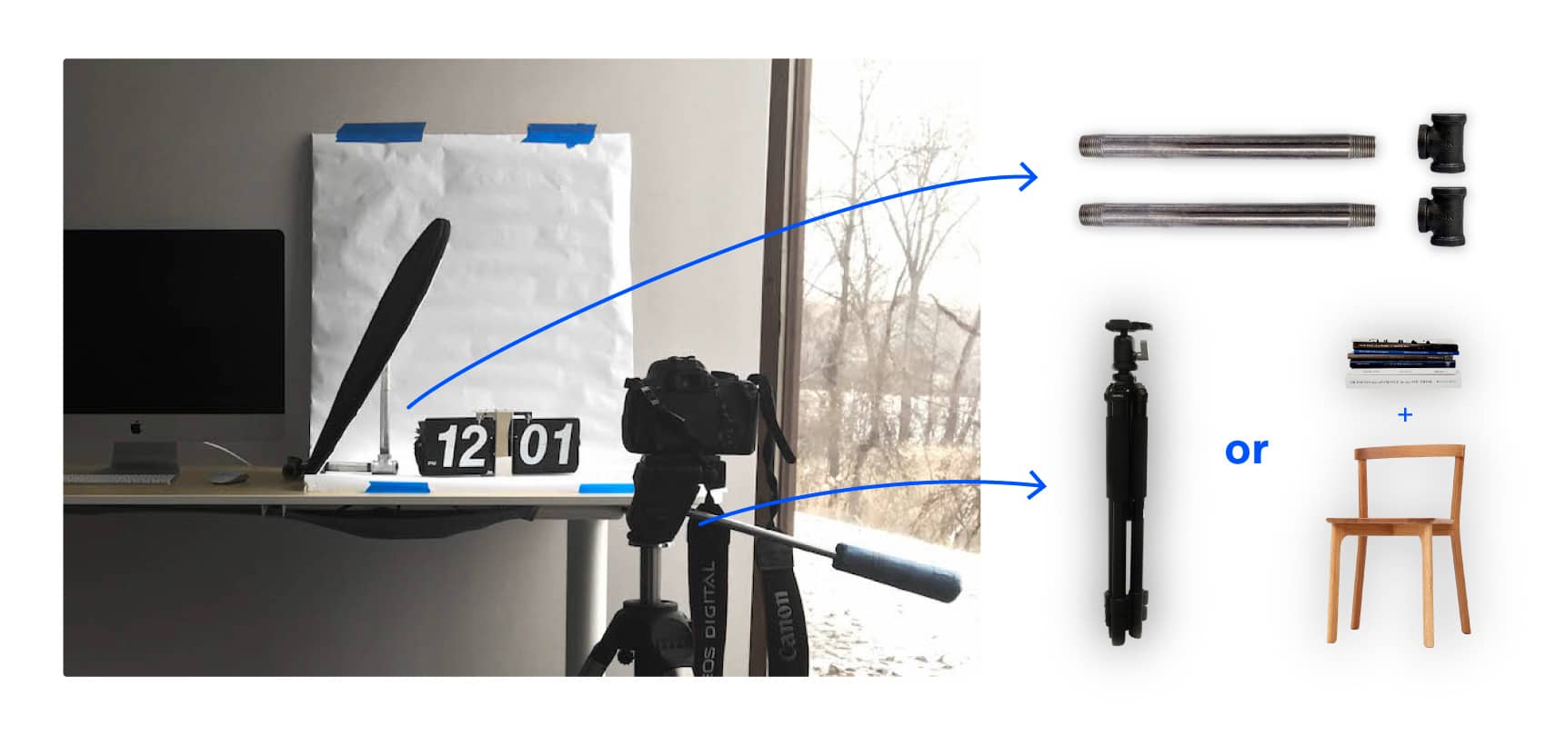 Our photo setup with a tripod, and a propped up reflector